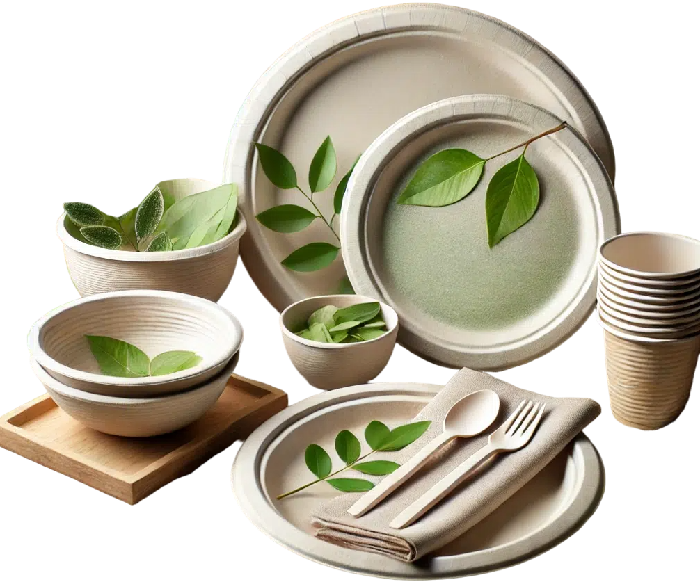 DALL·E-2024-09-29-11.31.12-A-clean-organized-product-image-showcasing-a-set-of-eco-friendly-disposable-tableware-including-oval-plates-round-bowls-and-natural-leaf-plates.-T-Photoroom