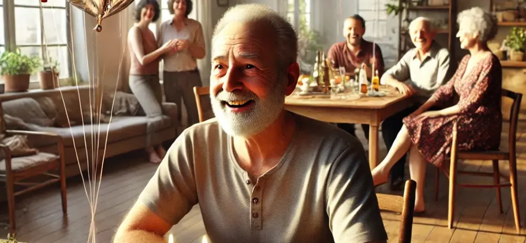 DALL·E 2024-08-16 18.51.14 - A hyper-realistic indoor birthday party scene for a 60-year-old man in a typical Israeli apartment. The room is naturally lit, with soft, realistic sh